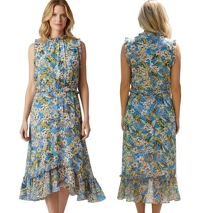 JULIA JORDAN Tropical Floral Ruffle Trimmed Midi Dress - Size 12
